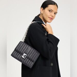 Kate Spade Deco Quilted Glitter Suede Chain Shoulder Bag Navy Multi